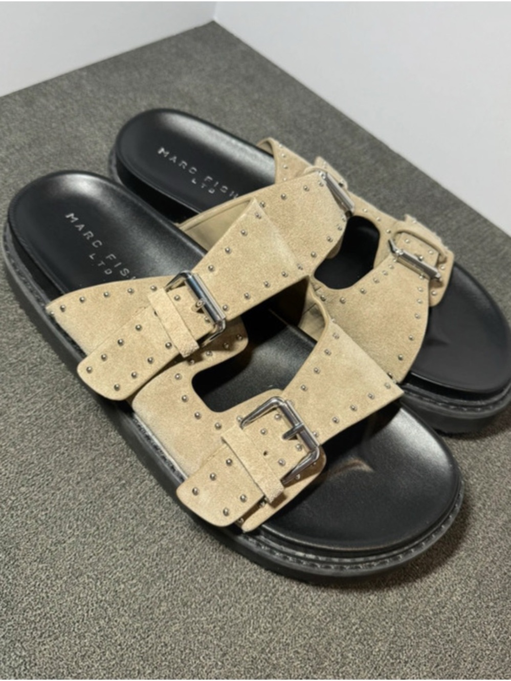 Marc Fisher Beige Studded Suede Slide Sandals 8.5
